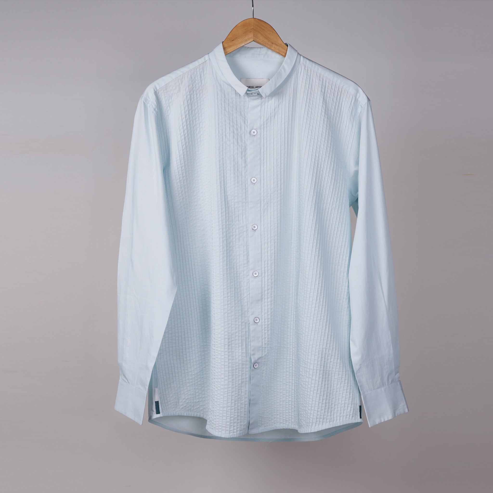 Powder Blue Front Pintucked Shirt In Cotton