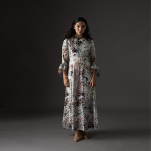 Beige Scatter Print A-line Yoke Dress