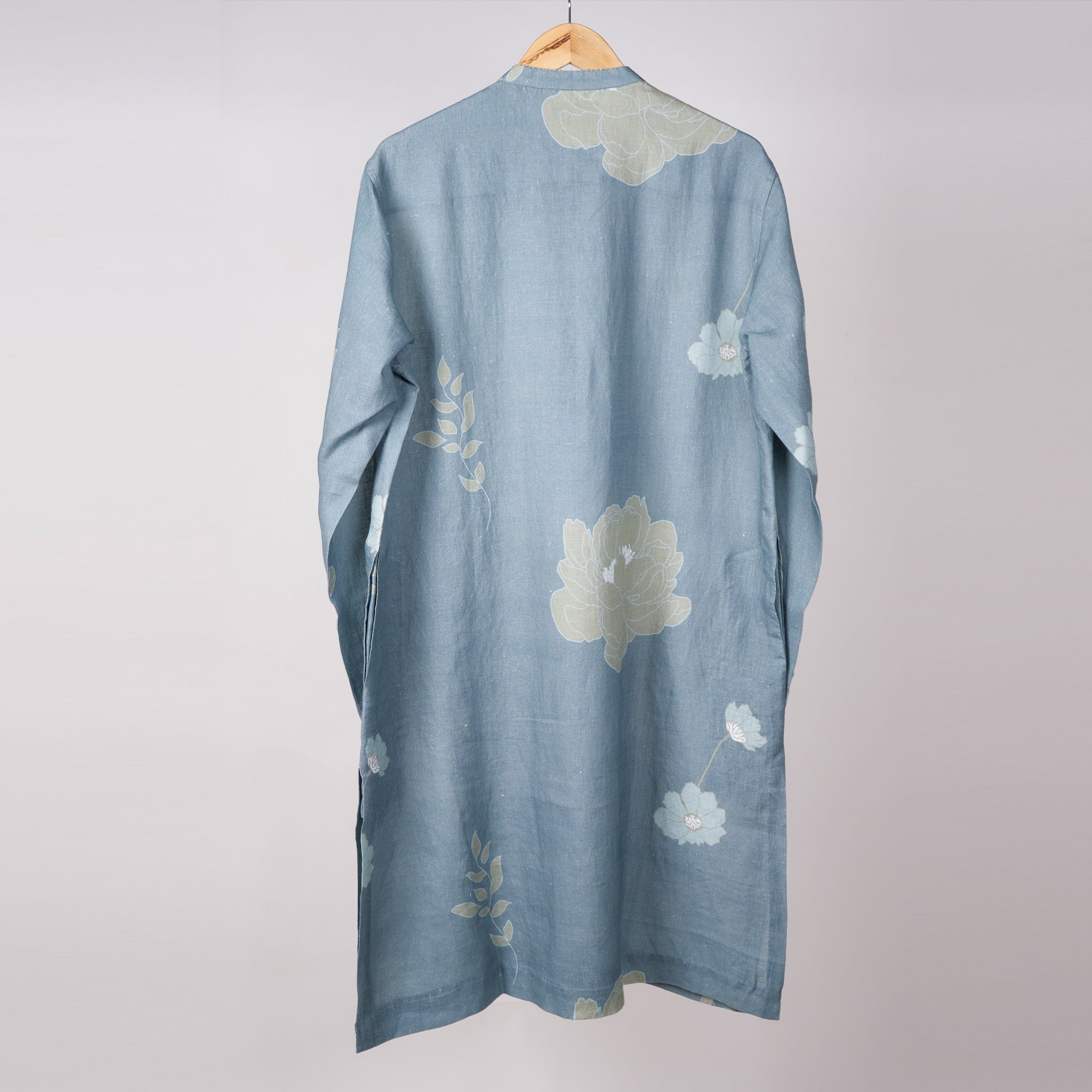 Teal Floral Printed Kurta In Linen