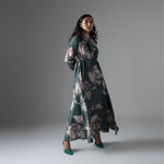 Load image into Gallery viewer, Green peonies drawstring silk dress
