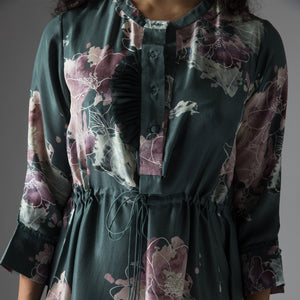 Green peonies drawstring silk dress