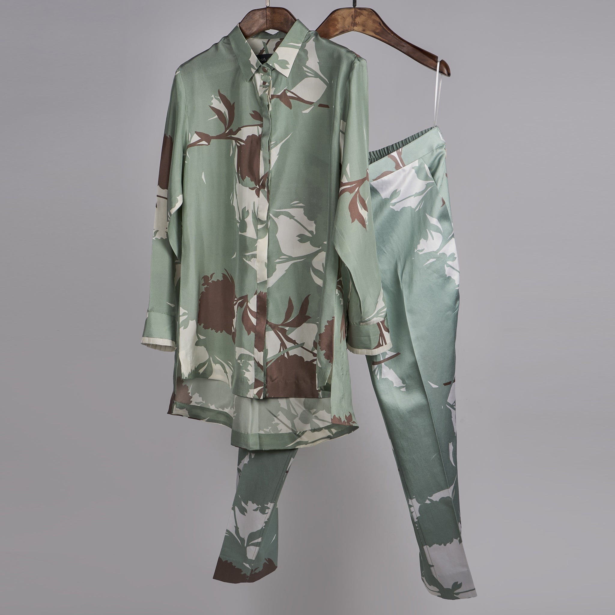 Mint and Beige printed shirt with printed pants Coordinated set