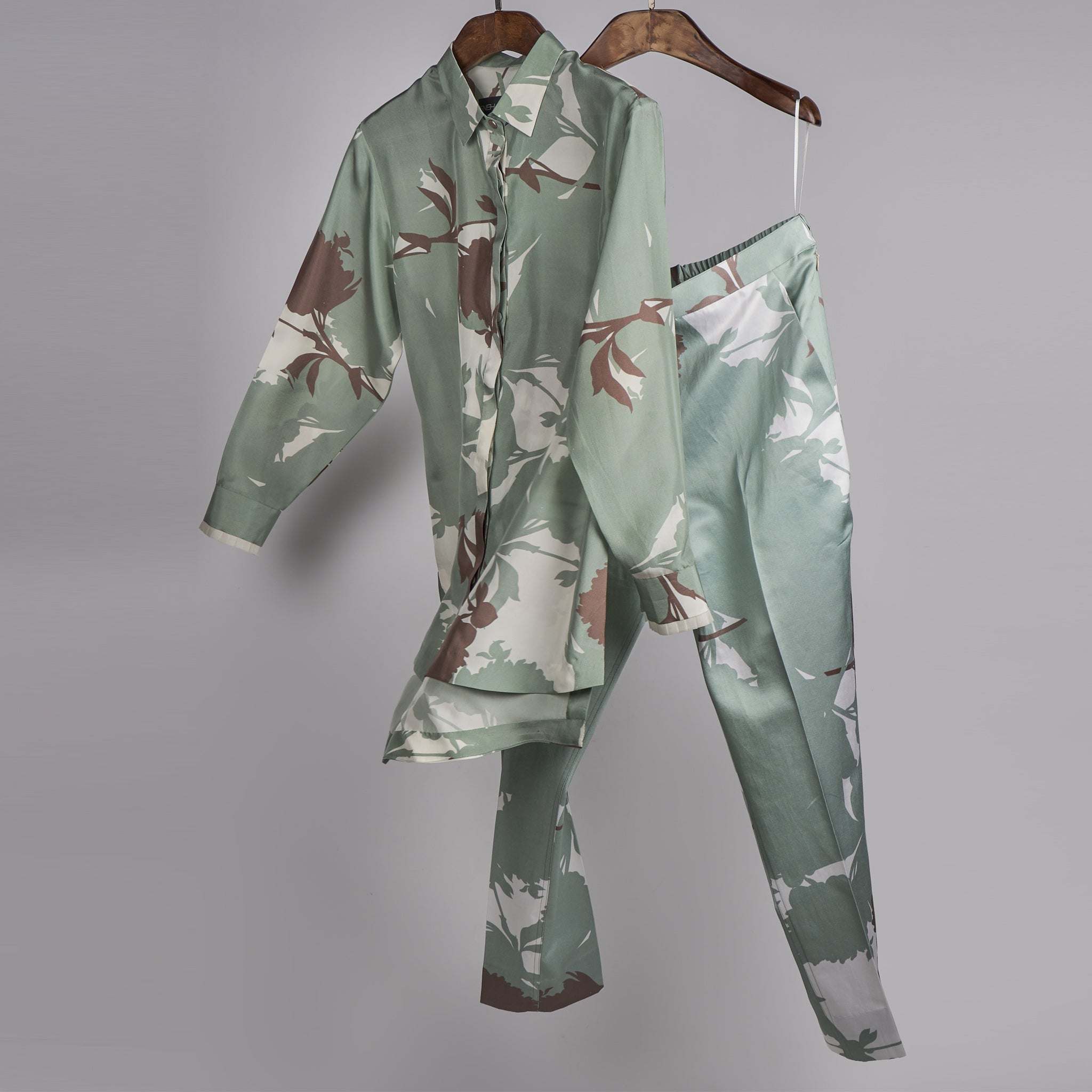 Mint and Beige printed shirt with printed pants Coordinated set