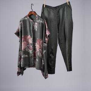 Jade Watercolour Peonies top with solid pants Coordinated set